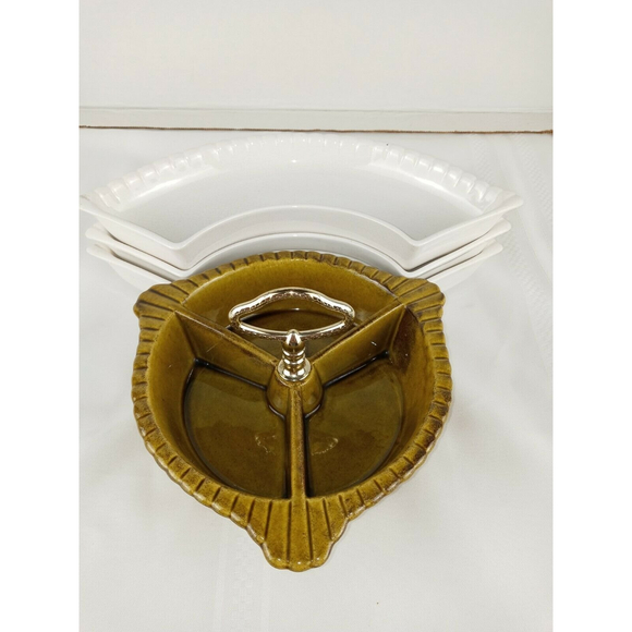 Vintage California Pottery Green Lazy Susan 3 Compartment with Dip Dish & Lid - Picture 3 of 7